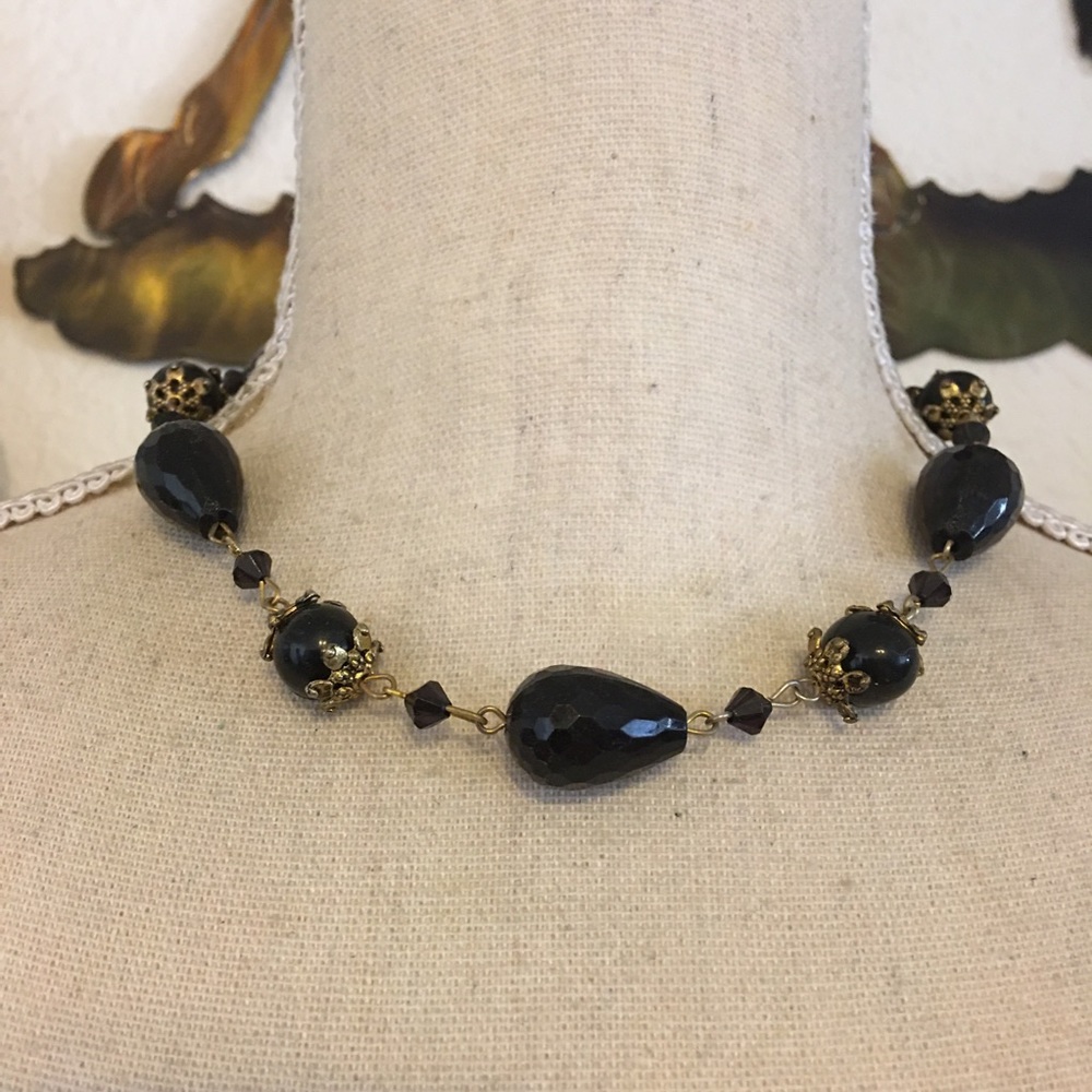 Vintage black plastic bead gold tone choker necklace